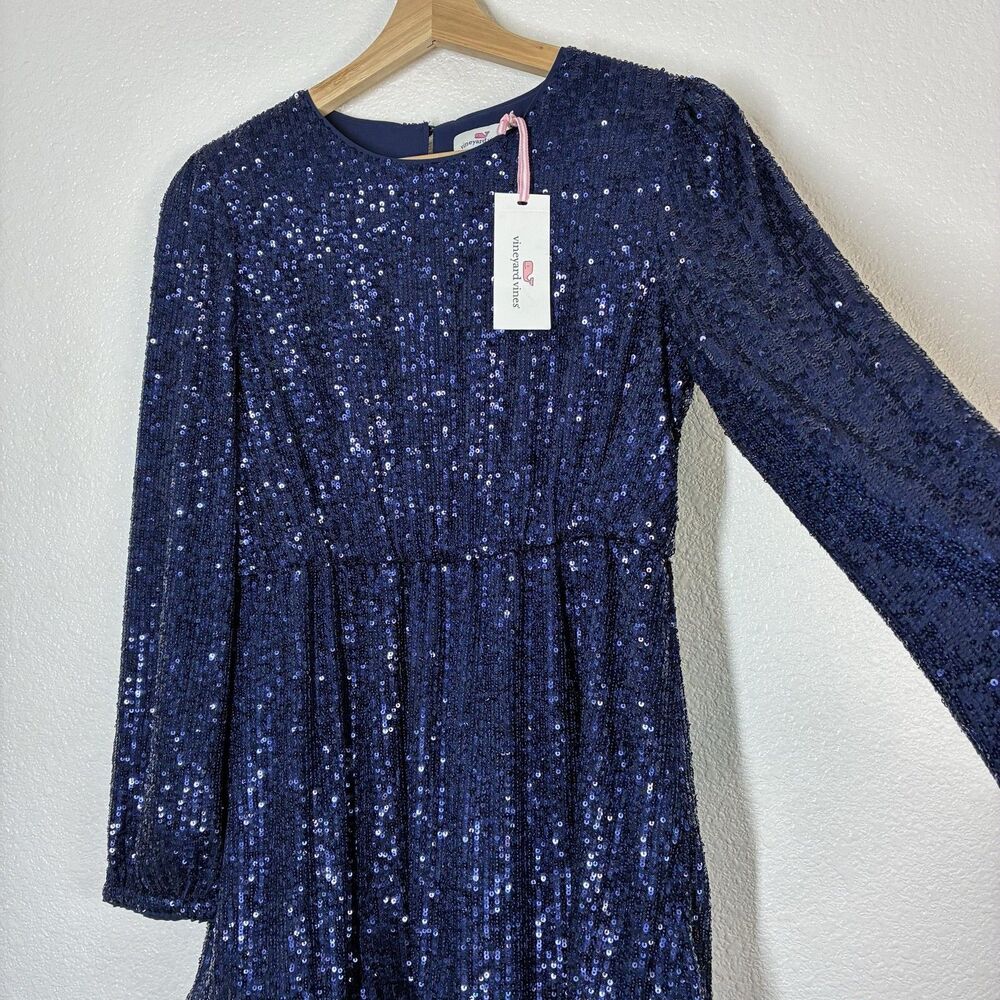 Vineyard Vines Dress Girls L Blue Sequin Fit & Flare Tiered Long Sleeve Party - Picture 3 of 16
